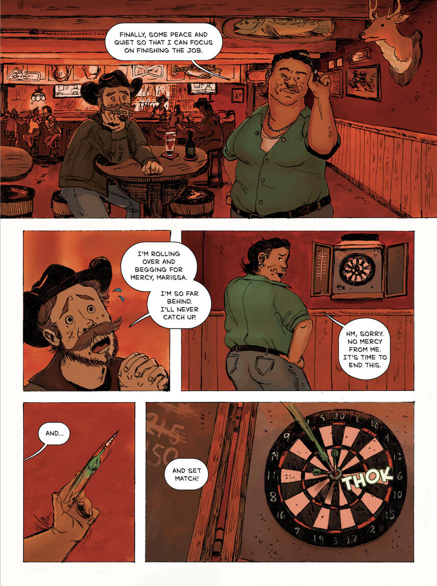 Adapted scene from the fiction podcast Woe.Begone, Episode 98: The Outpost Bar and Grill, scripted by Dylan Griggs.